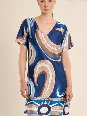 Molly Bracken Blue and Beige Abstract V-Neck Shift Dress